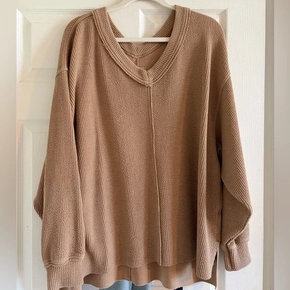 Aerie V-Neck Sweater in Tan - Picture 1 of 5